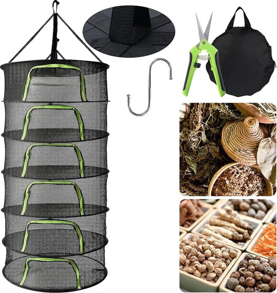 Droognet om op te hangen, 6-laags gaasdoek, geschikt voor kruiden en vruchten, opvouwbaar opbergnet voor het drogen van kruiden, fruit, broeikas, organizer met snoeischaar van Wipkviey