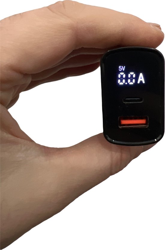 DrPhone HALO-N1 - Dubbele Snellader - 18W PD USB-C + 18W QC 4.0 USB Oplader met Digitale Display Led - Geschikt voor Smartphone / Tablet - Zwart van DrPhone