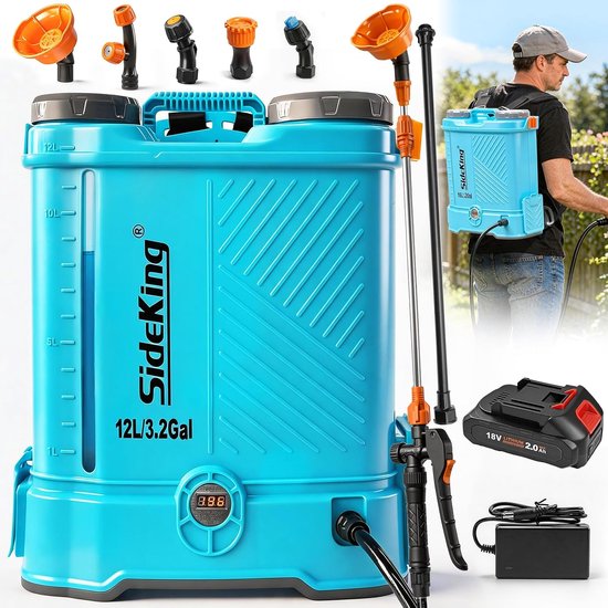 Drukspuit accu 12L elektrische rugspuit met 5 sproeikoppen, 5.5 bar, telescopische lans, onkruidspuit voor tuin
