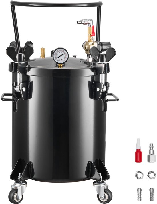 Drukvat, 20-Liter Stalen Tank met Dubbele Aansluitingen (EU/AU) voor Thuisgebruik, Creatieve Projecten en Kunsttoepassingen, Container met Brede Opening en 4 Wielen