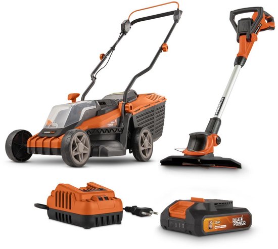Dual Power Accu-grasmaaier en grastrimmer POWDPG75567 - Grasmaaier van 20 V en 340 mm Ø en grastrimmer van 20 V en 240 mm Ø, met accu en lader van VONROC