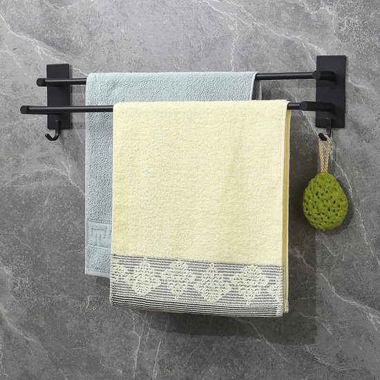 Dubbele Handdoekhouder voor aan de Muur - Zwart, 60 cm, zonder Boren, roestvrij staal, zelfklevend voor Badkamer en Keuken van Kegii