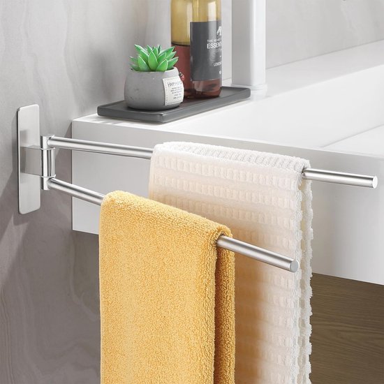 Dubbele handdoekhouder zonder boren - Draaibare zelfklevende handdoekstang voor badkamer en keuken - 40 cm zilver van $