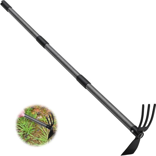 Dubbele Tuinhak - Hak Hark - Onkruid Wieden - Verstelbare Handgreep - 78 cm - Grijs