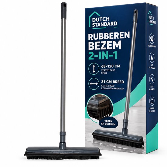 Dutch Standard Rubberen Bezem met Trekker - Telescopische Steel 68-120 cm - 2-in-1 - 31 cm - Grijs Zwart