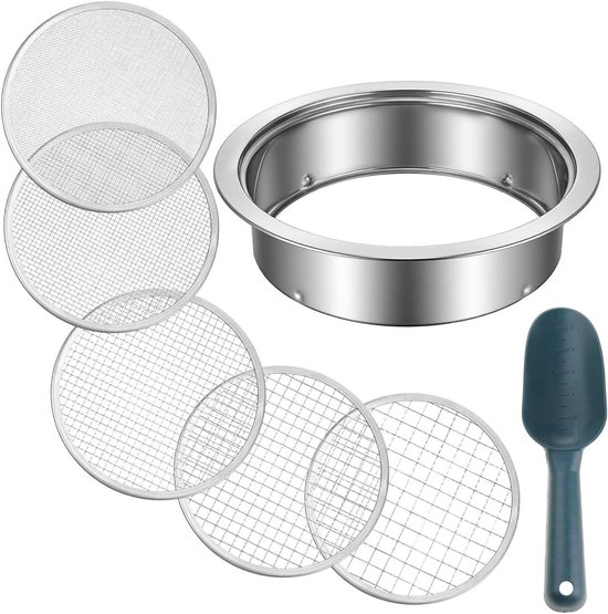 Duty Tuinzeefset, roestvrijstalen schop met verwisselbaar gaasscherm voor bodem, tuinieren, accessoires, professionele zandzeef met vervangbare potaccessoires, grondset, rotszeef