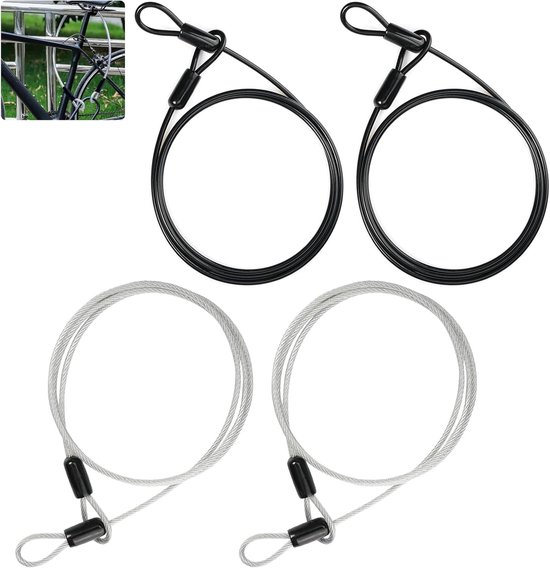 Duurzaam Staalkabel Kabelslot - 4 Stuks - 3mm×100cm Veiligheidskabelslot - Roestvrij Staal Veiligheidskabel - Luskabel Met Staalkabel - voor Tuinmeubelen - Fitnessapparatuur - Ladders - Fiets - Zwart+Zilver van Merkloos	
