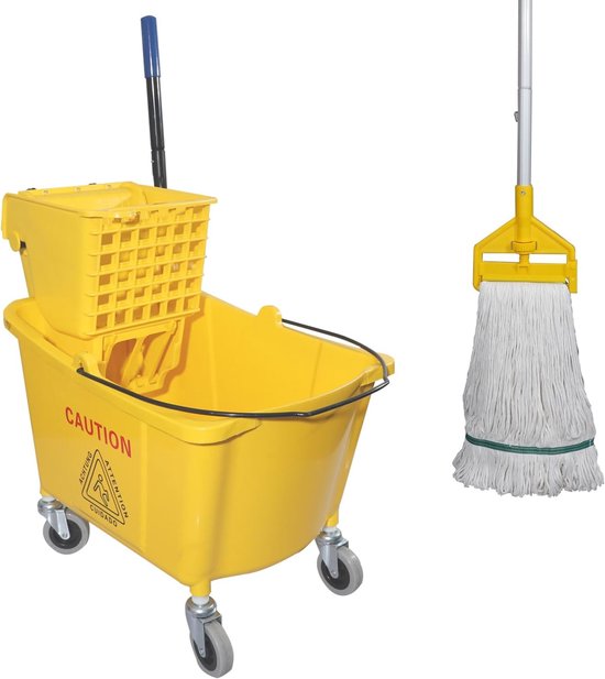 Dweil Emmer - Wringer met Wielen - Professioneel Schoonmaken - Duurzaam Polyethyleen - 35 Quart - Geel