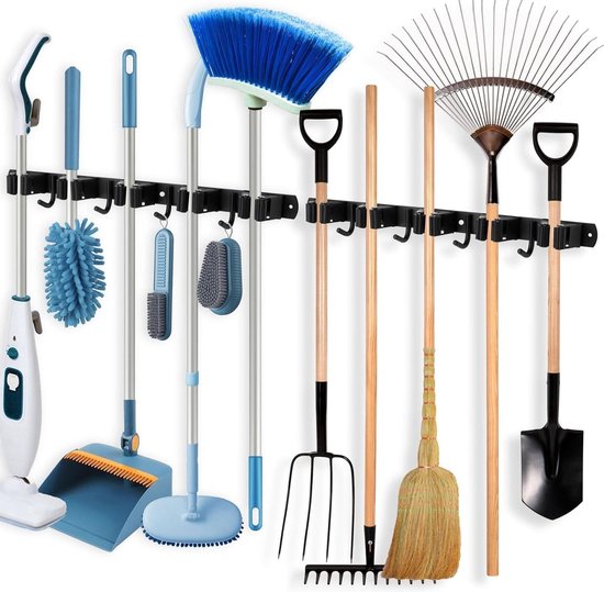 Dweil- en bezemhouder wandhouder van roestvrij staal - Voolan Heavy Duty Tuingereedschap Organizer - Zelfklevend Garage Opslagrek met 5 Rekken en 4 Haken van Voolan