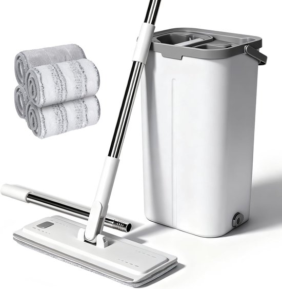 Dweilmop set met emmer, 140 cm roestvrij stalen handgreep, dweil en poetsemmer, vloerwisser met 5 microvezelpads, wisserbodem met uitwringfunctie voor alle vloeren