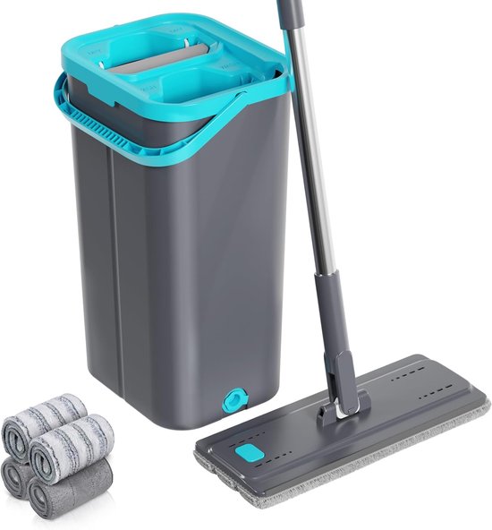 Dweilmop set met emmer, vloerwisser met 6 microvezel dweilpads en 148 cm roestvrijstalen handgreep, poetsemmer met mop voor hardhout, marmer, tegels, vloerreiniging