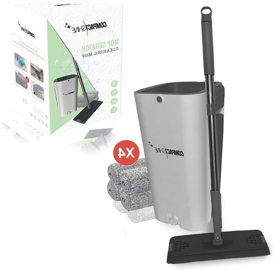 Dweilset met uitwringemmer, draaibare bezem, roestvrijstalen telescoopsteel - voor alle vloertypes, 4 herbruikbare en wasbare dweilen van Maximex