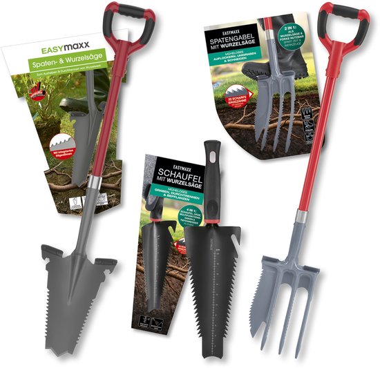 EASYmaxx tuingereedschapsset, 3-delig, met wortelzaag | Spadezaag, 2-in-1 spadevork, wortelschep | Spade- & wortelzaag, multifunctionele schep, 4-in-1 wortelschep | Tuinschep met spadezaag, 114 cm