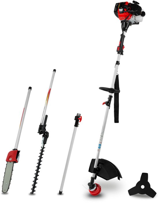 EBERTH bosmaaier stronkmaaier grastrimmer, multitool 4-in-1 op benzine inclusief draagriem, 3 pk, cilinderinhoud 52 cc tweetaktmotor, maaihoofd met automatische draadvoeding stronkmes, heggenschaar,takenzaag, trekstart van Merkloos	