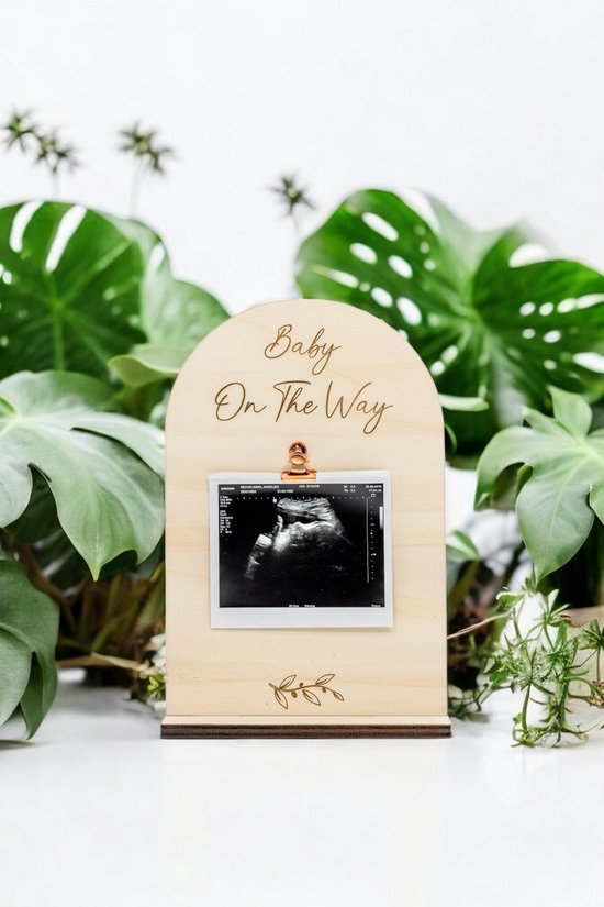 Echobordje "Baby On the Way" met Voet - Uniek Zwangerschap Aankondiging Cadeau met Rosé Gouden Knijpertje - Perfecte Echofoto Houder, Gender Reveal Decoratie en Babyshower Accessoire - Kraamcadeau voor de Aankondiging van Je Baby van ECHO