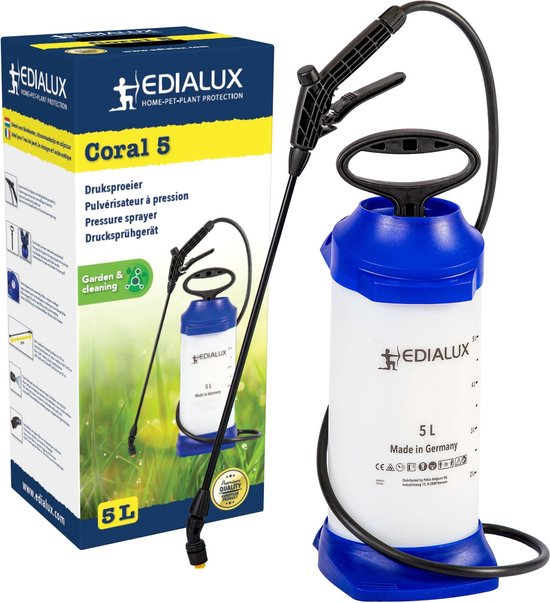 Edialux Coral 5 L druksproeier, drukspuit voor reiniging, ontsmetting en tuinwerkzaamheden, geschikt voor bleekwater, schoonmaakazijn herbiciden, bruine zeep, soda, verwisselbare onderdelen van Merkloos	