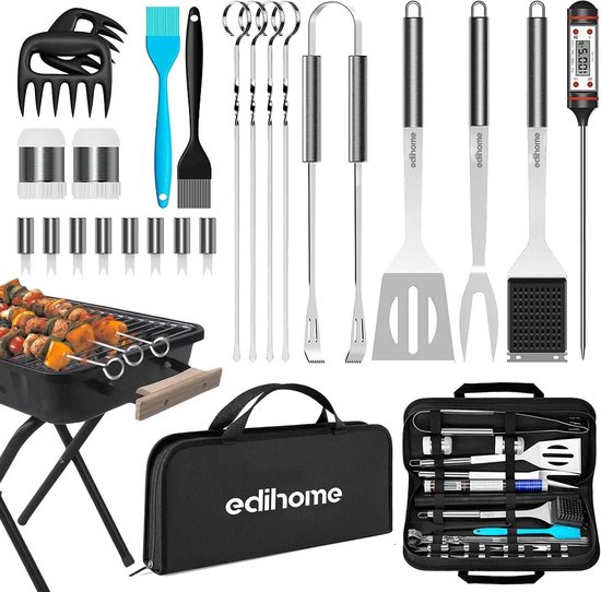 Edihome, barbecuebestek, barbecueaccessoires, 25-delige accessoireset, professionele set, roestvrij staal, cadeaus voor mannen, met koffer voor grillrooster, premium van Edihome