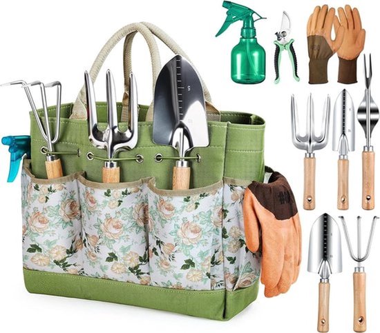 Een robuuste 9-delige tuingereedschapset, inclusief een stijlvolle en duurzame opbergtas. De set is roestbestendig en is het ideale tuincadeau geschikt voor dames.