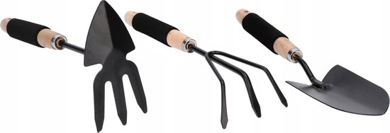 Een set metalen tuingereedschap: schop, vork, schoffel van Merkloos	