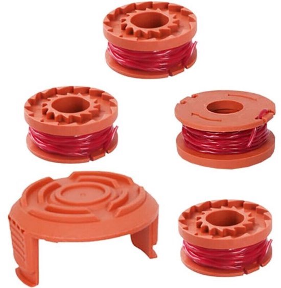 Een set van 5 vervangende spoelen geschikt voor bosmaaiers, geschikt geschikt voor Worx WA0010 bosmaaiers (4 spoelen, 1 dop).