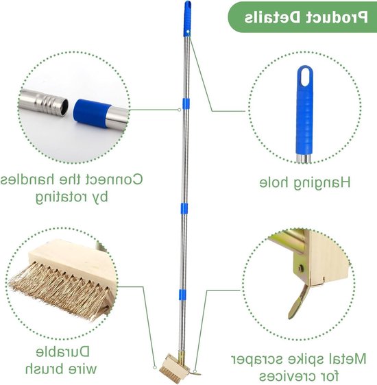 Effectieve onkruidborstel met 170 cm roestvrijstalen handvat - ideaal voor voegen, muur randen en terrassen. Set van 2 met verstelbare borstels voor optimale onkruidverwijdering.