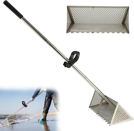 Efficiënte strandhark met brede trapeziummand, roestvrijstalen zandzeef en uitschuifbare steel voor het vangen van zandvlooien en schelpen