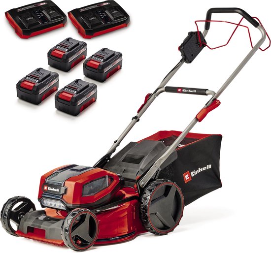 Einhell Accu Grasmaaier GP-CM 36/47 S BL Li Kit - Power X-Change - 36 V/Li-ion - Maaibreedte: 47 cm - Aanbevolen gazonoppervlakte: tot 700 m² - 65 L opvangzak - Maaihoogte: 25-80 mm - Incl. 4x 4.0 Ah Accu en 2x DUO-lader van Einhell