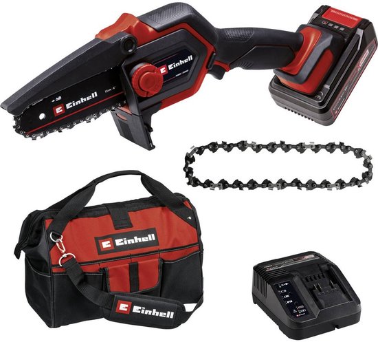 Einhell Accu Mini Kettingzaag GE-PS 18/15 Li Bag Kit - Power X-Change - 18 V/Li-ion - Koolborstelloze motor - Zwaardlengte: 20 cm - Max. Zaaglengte: 14 cm - Kettingsnelheid: 4,8 m/s - Incl. 1x 2.5 Ah accu, lader en tas van Einhell