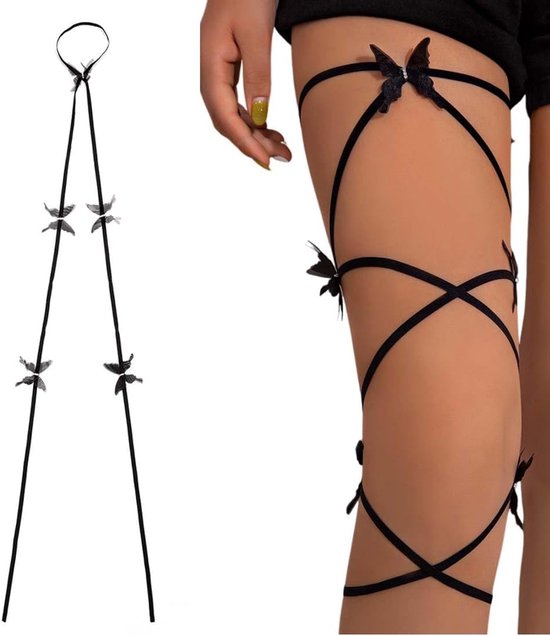 EIR Sexy zwarte elastische kousenband, jarretelgordel voor dames, rave kruisband-kostuum, elastisch, vlinderrave met bandjes, elastische kousenband met kruisbeen, voor carnaval, Halloween, Zwart, CM van EIR
