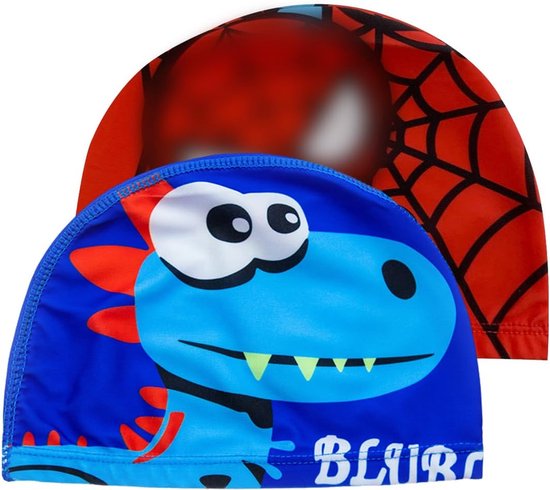 EIROVYA 2 stuks badmuts voor kinderen, badmutsen, badmuts, stof, voor jongens en meisjes, zwemmuts voor kinderen, comfortabele pasvorm voor lang en kort haar (dinosaurus + spider) van Merkloos	