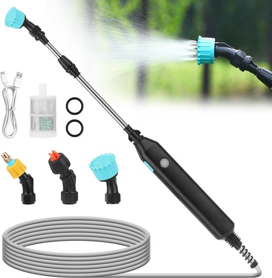 Electric Pressure Sprayer - 3.7 V Battery Pressure Sprayer - Elektrische Spuitstok met 3 Nozzles en 5 m Slang - Oplaadbare USB Tuinspuiter - Irrigatie - Telescopische Watergeefstok voor Tuinonderhoud