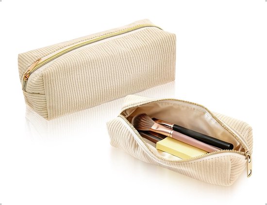 Elegant en draagbaar etui van geribbeld fluweel met ritssluiting, ideaal voor cosmetica, gadget, dagelijks gebruik, reizen, werk (beige)