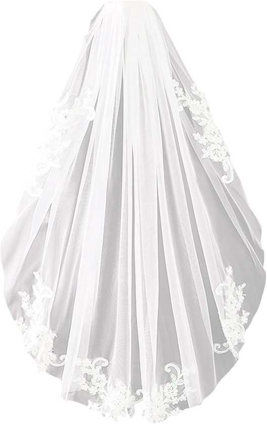 Elegante Korte Kanten Bruidssluier Met Kam en Appliqués Voor Fotoshoot en Verlovingshuwelijk (Wit) van Merkloos	