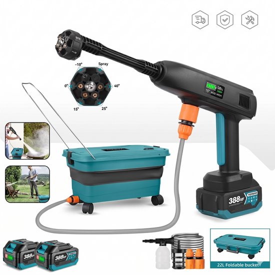 Elektrisch Hogedruk Waterspuitpistool - Draadloze Accu Hogedrukreiniger - 6-in-1 Sproeikopmodus - 100 Bar Waterdruk - 500W Kopermotor - 5 Meter Explosieveilige Waterslang - 22L Opvouwbare Emmer - 18-21V Makita Accu van Merkloos	