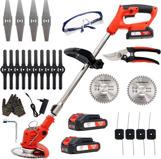 Elektrische Borstelloze Accu-Grastrimmer 21V - 2 Batterijen, 4 Messen + Schaar - Verstelbare Hoogte en Hoek - Voor Gazononderhoud van Krok Wood
