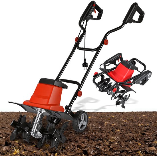 Elektrische Cultivator Grondfrees Tuinfrees voor Efficiënte Tuinbewerking, 1500 W rode en zwarte elektrische grondfrees met wielen van Merkloos	