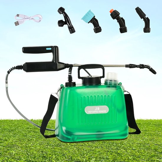 Elektrische Drukspuit voor de Tuin - 8 Liter, Accu Tuinspuit met 4 Vernevelmonden, USB Oplaadbaar en Verstelbare Schouderriem voor Gemakkelijk Gebruik