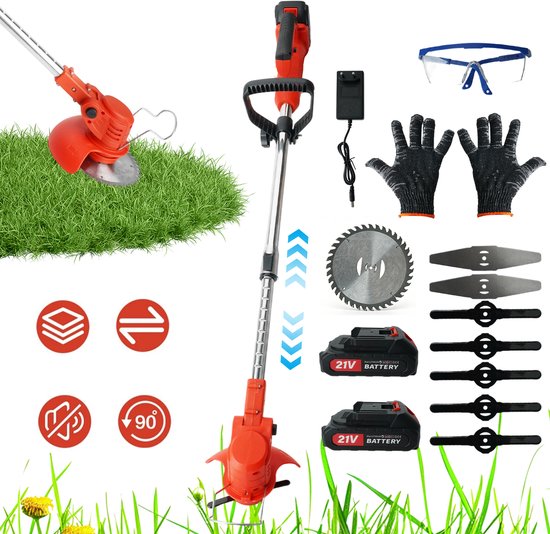 Elektrische Grasmaaier Met Bosmaaierfunctie - 90° Verstelbare Kop Telescopische Steel 85-121 cm - 500W Motor Van Puur Koper - 3 Messen 21V Accu - Rood & Zwart