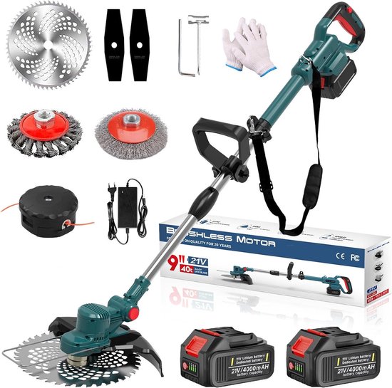 Elektrische Grastrimmer - 750W Accu Grasmaaier & 4-in-1 Trimmer met 2x 4000mAh 21V Accu + Lader - Borstelloze Motor, 4-in-1 Multifunctioneel, Verstelbaar van Merkloos	