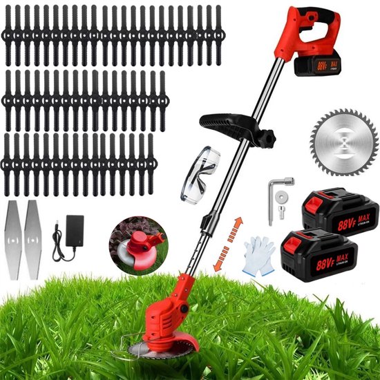 Elektrische Grastrimmer - Accu Grasmaaier & 3-in-1 Trimmer met 2x 2000mAh 21V Accu + Lader -met 55 Stuks Kunststof Messen, 3-in-1 Multifunctioneel, Verstelbaar van Merkloos	
