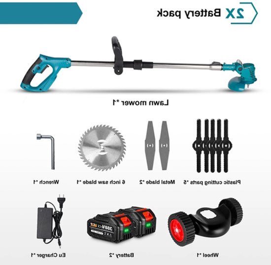 Elektrische Grastrimmer - Grasmaaier - Onkruidborstel - Grastrimmer - 1500W - Draadloze Maaier - 12000RPM - met Wielen - Tuingereedschap - 2 Accu