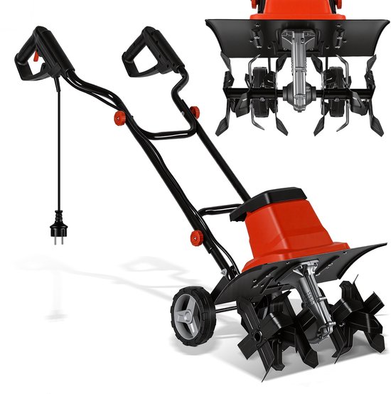 Elektrische Grondfrees Cultivator Tuinfrees voor Tuin en Grondbewerking, 1500 W rode en zwarte elektrische grondfrees met wielen van Merkloos	