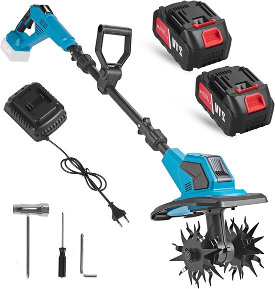 Elektrische Grondfrees - Tuinfrees Bodemwoeler - Tuinonderhoud Bodembewerking - Draadloos Werken 2 Accu's - 23 cm Werkbreedte - Blauw