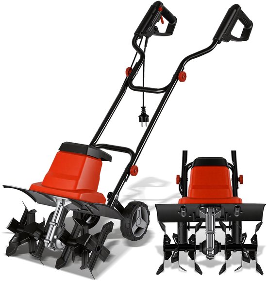 Elektrische Grondfrees Tuinfrees Cultivator Motorhark voor Tuingereedschap en Grondbewerking, 1500 W rode en zwarte elektrische grondfrees met wielen van Merkloos	