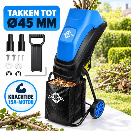 Elektrische Hakselaar 15A – Tuinhakselaar en Houtversnipperaar voor Takken tot Ø45 mm – Dubbele Omkeerbare Messen, Opvangzak, Duwstok en 7-inch Wielen – 4300 t/min