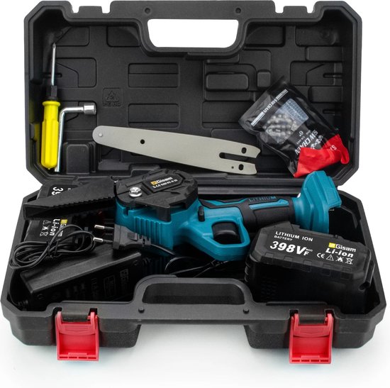 Elektrische hand zaag - mini kettingzaag - snoeizaag + 2 accu's - 18V - draagbaar - houtbewerking - blauw - met koffer - accu oplader van Merkloos	