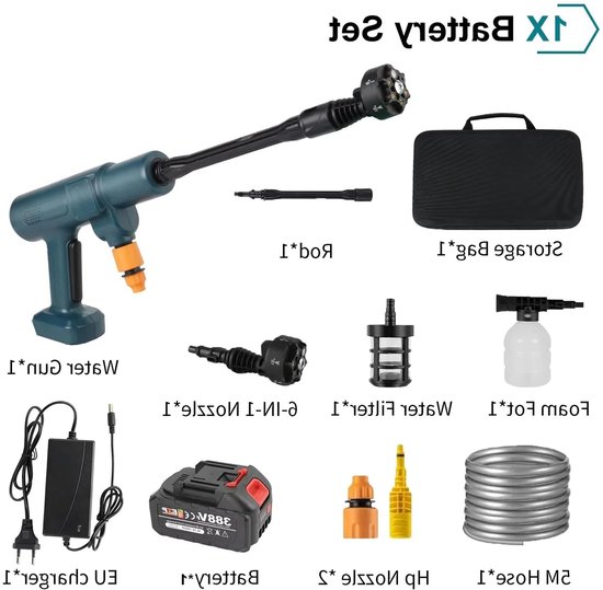 Elektrische Hogedruk Waterpistool - Hogedrukreiniger - Hogedrukspuit - Hogedruk Auto-Wasser - 200Bar - Brushless - 6-in-1 - 18V - Draadloze - 1 Batterij van Merkloos	