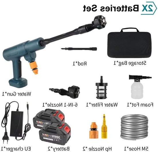Elektrische Hogedruk Waterpistool - Hogedrukreiniger - Hogedrukspuit - Hogedruk Auto-Wasser - 200Bar - Brushless - 6-in-1 - 18V - Draadloze - 2 Batterij van Merkloos	