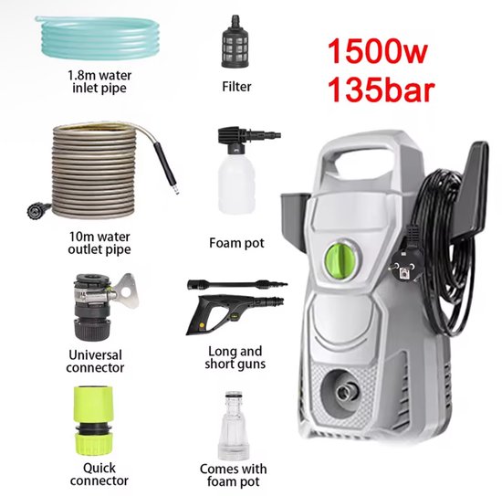 Elektrische Hogedrukreiniger - 180 Bar - 2200 W - Wasmachine Pistool - Spuitpistool 180 ° - Verstelbaar mondstuk van Merkloos	