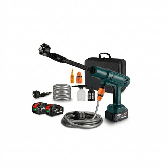 Elektrische Hogedrukreiniger 200 Bar - Draadloos 18V - Borstelloze Motor 3500W - 6-in-1 Mondstuk - 4,1 L/min Waterstroom - 10 Meter Bereik - 5 Meter Slang - Zelfaanzuigend - Schuimkanon - 2 Lithiumbatterijen en Oplader - Opbergtas - Auto Tuin Terras van Merkloos	